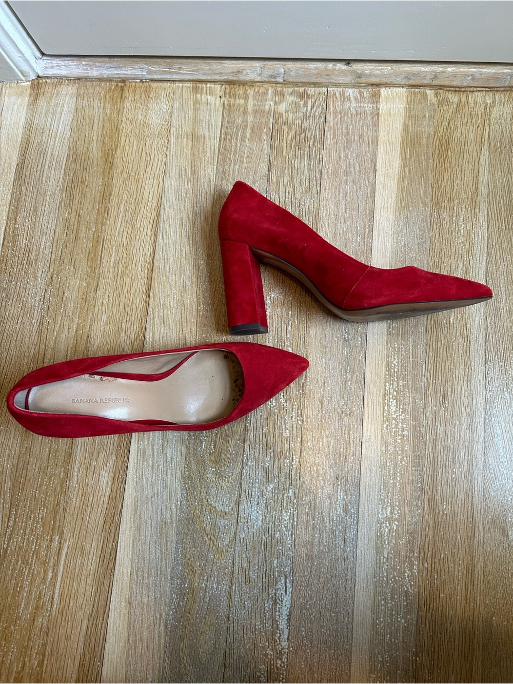 Banana Republic Red Suede Pointed-Toe, Block-Heel Pumps - Picture 2 of 6